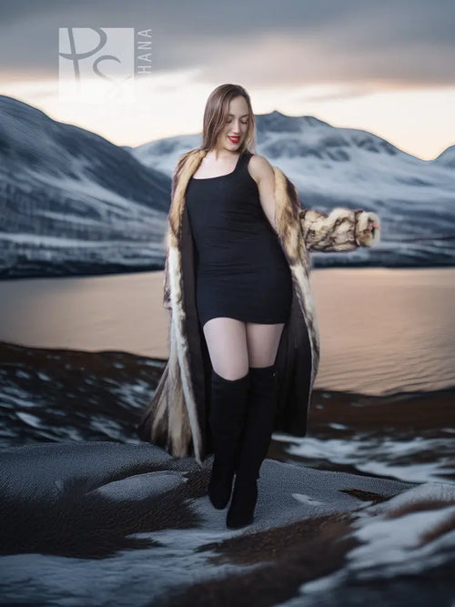 Vintage fur coat with open front, beige-and-brown striped fur panels and long sleeves