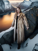 Long striped fur coat with open front, tan and dark fur panels, mid-calf length.