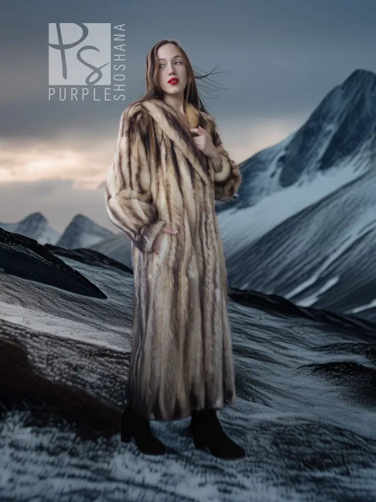 Long vintage fur coat with open front, beige-brown striped fur, standing front view.