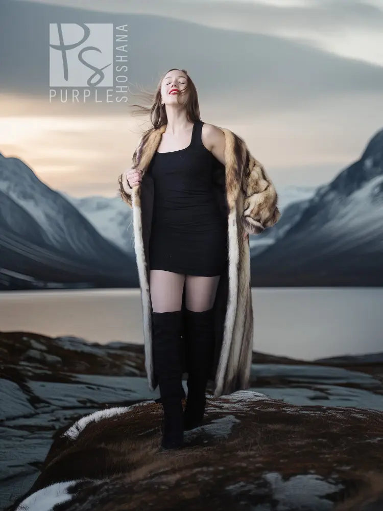 Long striped fur coat draped open, tan and dark fur with relaxed, straight hem.