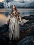 Long fur coat with open front and tall fur collar, beige-brown striped texture.
