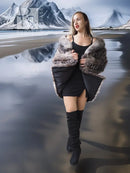 Platinum silver faux fur short coat with stand collar and open front, long sleeves