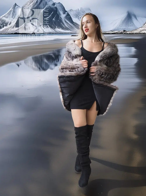Platinum silver faux fur short coat with stand collar and open front, long sleeves
