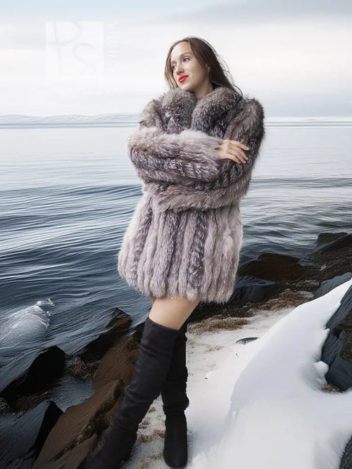 Platinum silver faux fur coat with stand collar and long sleeves, side view