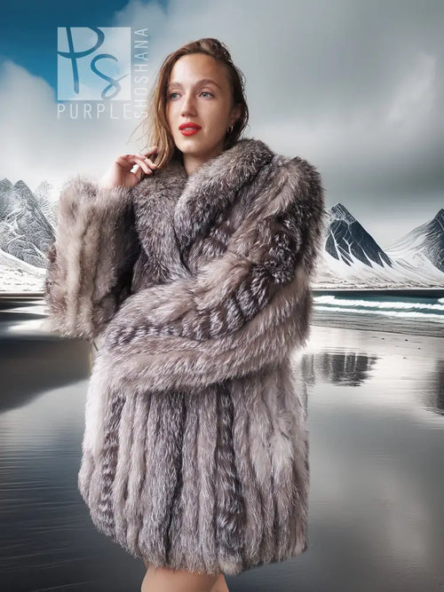 Platinum silver faux fur coat with stand collar, long sleeves, fuzzy textured body