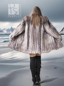 Platinum silver faux fur coat from back view, stand collar, flared hem