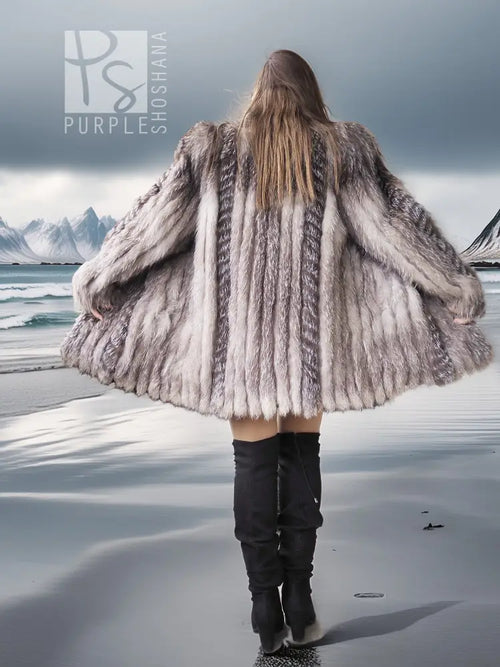 Platinum silver faux fur coat from back view, stand collar, flared hem