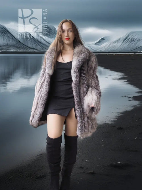 Platinum silver fox fur jacket with open front and long sleeves