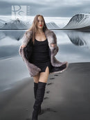Platinum silver fox fur jacket with open front and hip-length hem
