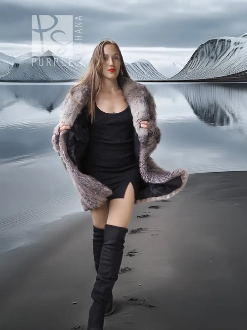 Platinum silver fox fur jacket with open front and hip-length hem