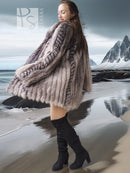 Platinum silver faux fur coat with stand collar, long sleeves, curved hem