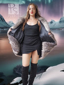 Platinum silver fox fur cropped jacket with open front and wide sleeves