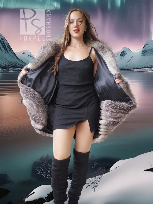 Platinum silver fox fur cropped jacket with open front and wide sleeves