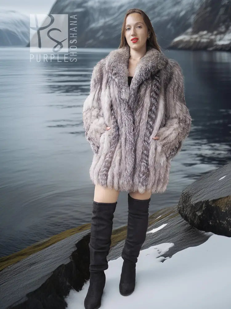 Platinum silver faux fur coat with wide stand collar and long sleeves, front view
