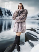 Platinum silver faux fur coat with stand collar and long sleeves, standing pose