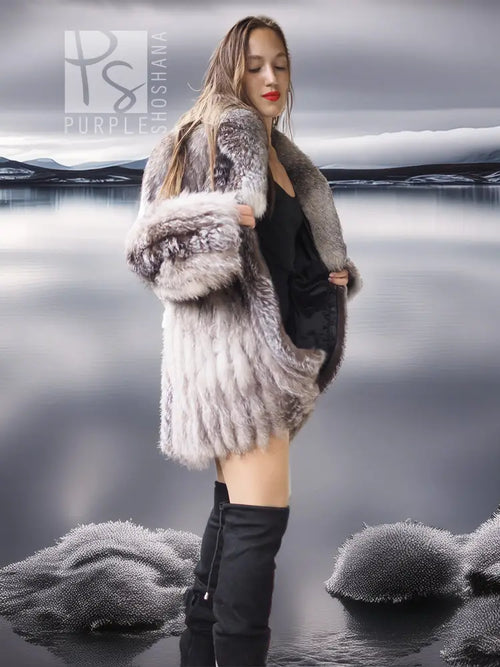 Platinum silver fox fur coat with short sleeves and side pocket detail