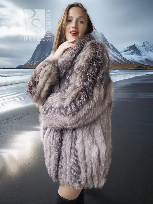 Platinum silver faux fur coat with stand collar, long sleeves, front close-up