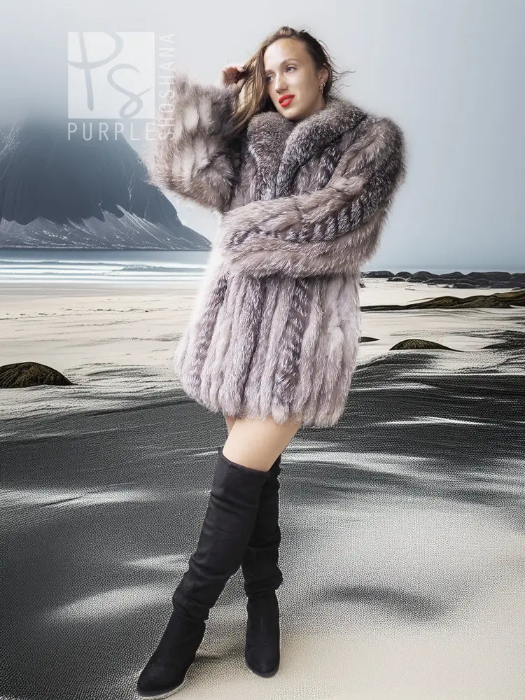 Platinum silver fox fur jacket with stand collar and layered texture over black dress