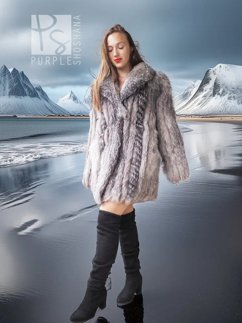 Platinum silver fox fur jacket with stand collar and full sleeves