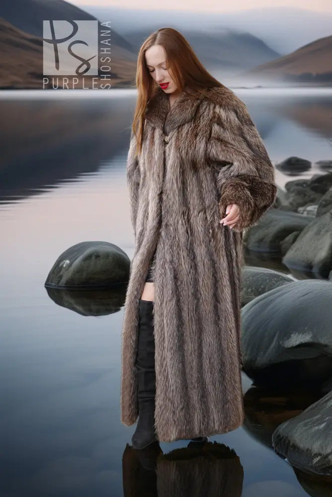 Raccoon fur coat, floor-length, brown, long silhouette, side arm detail