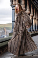 Raccoon fur coat, floor-length, brown, open front with draped hem