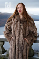 Raccoon fur coat, floor-length, brown, front view with round clasp