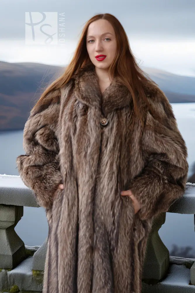 Raccoon fur coat, floor-length, brown, front view with round clasp