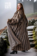 Raccoon fur coat, floor-length, brown, shawl collar, side drape