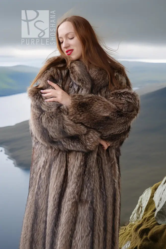 Northwind Empress floor-length Canadian raccoon fur coat, brown-gray, long sleeves