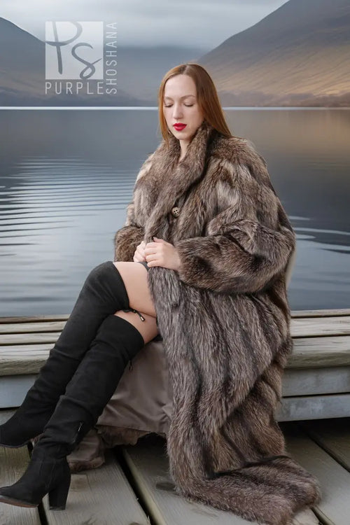 Raccoon fur coat, floor-length, brown, textured sleeves and shawl collar