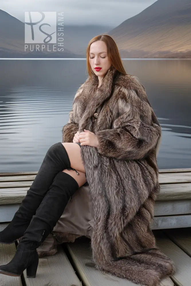 Raccoon fur coat, floor-length, brown, textured sleeves and shawl collar