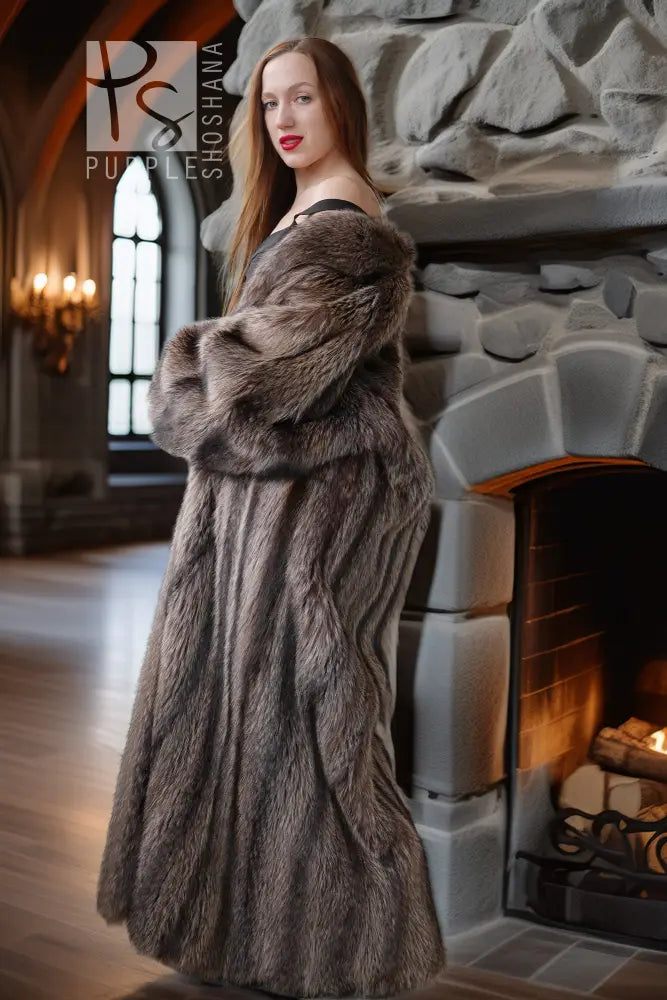Raccoon fur coat, floor-length, brown, shawl collar, plush fur texture