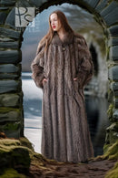 Raccoon fur coat, floor-length, brown, button-front, wide sleeves