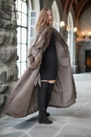 Raccoon fur coat, floor-length, brown, open drape with lining visible