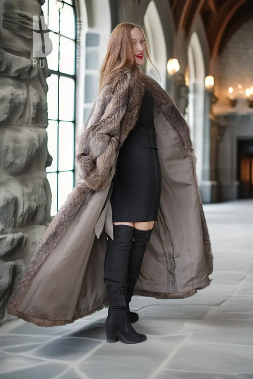 Raccoon fur coat, floor-length, brown, open drape with lining visible