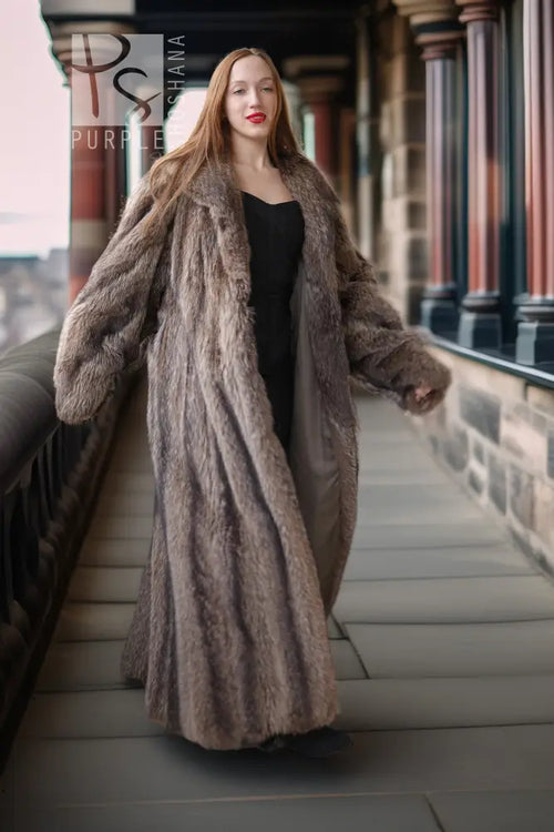 Raccoon fur coat, floor-length, brown, relaxed fit, wide sleeves
