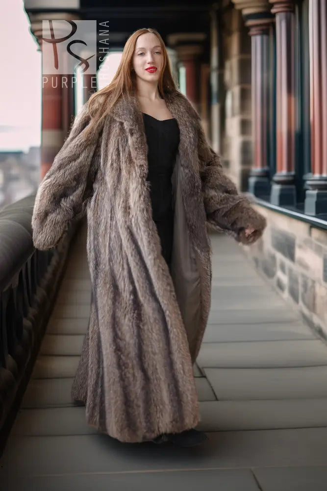 Raccoon fur coat, floor-length, brown, relaxed fit, wide sleeves