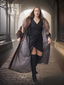 Long dark full-length coat with brown mink-style fur trim and open front silhouette
