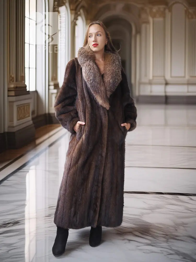 Mahogany-brown full-length mink coat with tall fur collar and buttonless front