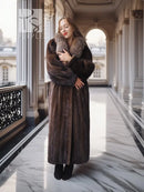 Mahogany-brown full-length mink coat with thick fur collar and side profile