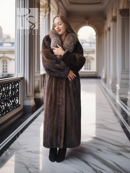 Mahogany-brown full-length mink coat with thick fur collar and side profile