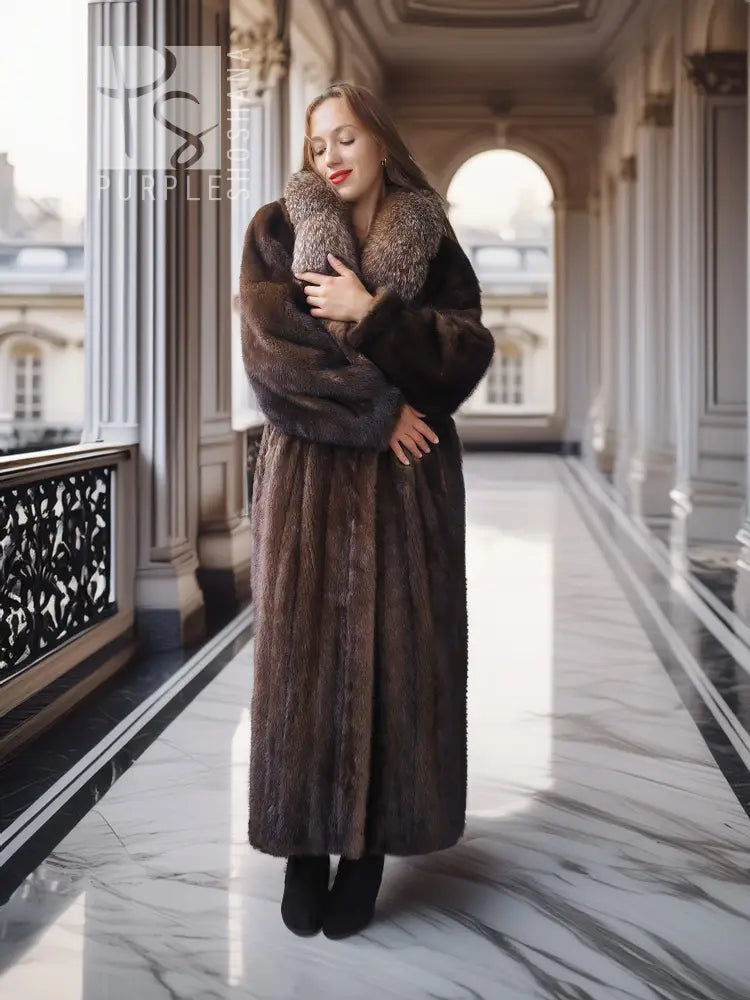 Mahogany-brown full-length mink coat with thick fur collar and side profile