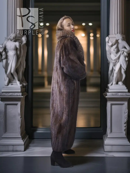 Mahogany-brown full-length mink coat with standing fur collar and long silhouette