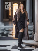 Full-length mink fur coat with fox-trim collar and open front over a black outfit