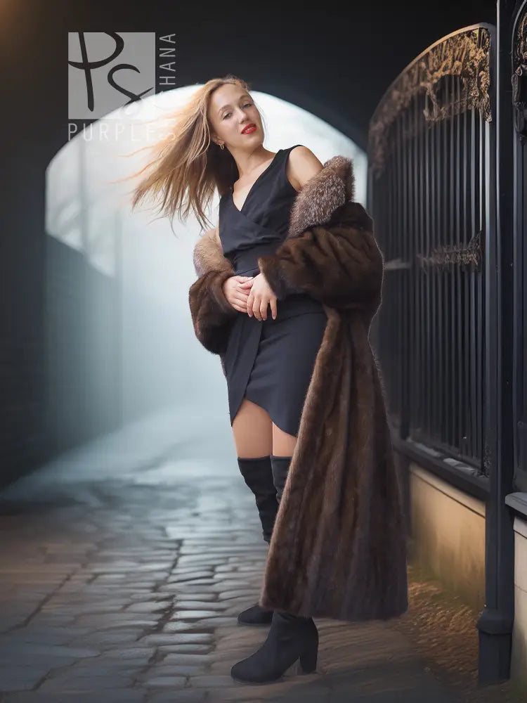 Mahogany-brown full-length mink coat with plush fur collar and wide sleeves