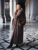 Mahogany-brown full-length mink coat with textured fur finish and fur-trim collar