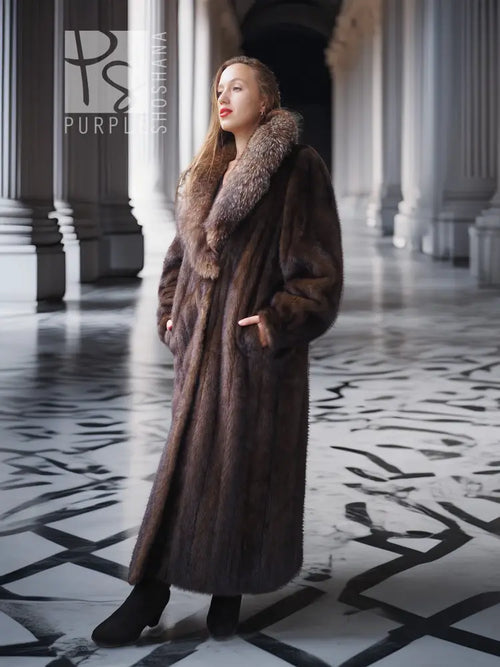 Mahogany-brown full-length mink coat with textured fur finish and fur-trim collar