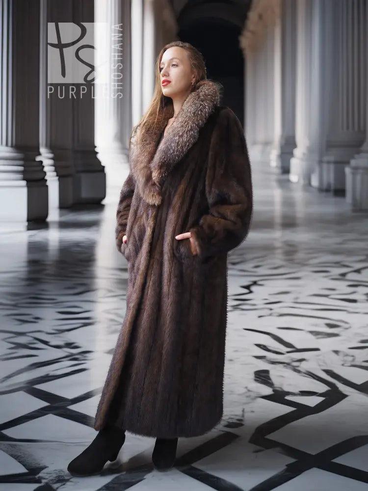 Mahogany-brown full-length mink coat with textured fur finish and fur-trim collar