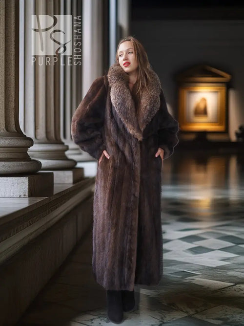 Full-length mink fur coat with fox-trimmed collar, long sleeves, front button closure