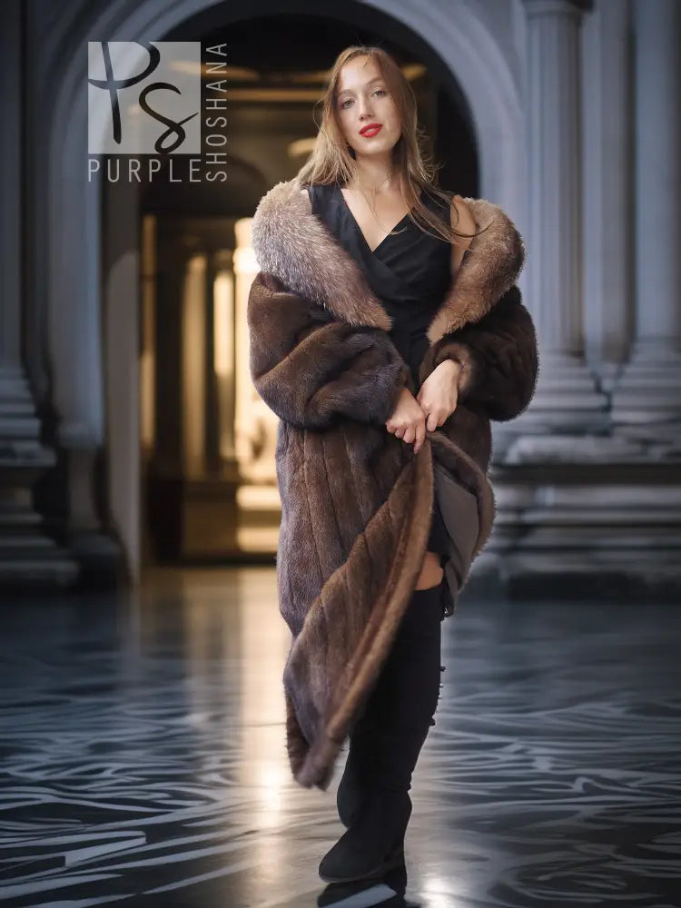 Mahogany-brown full-length mink coat with plush fur collar and relaxed fit